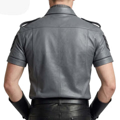 Men’s Gray Real Leather Police Uniform Leather Short Sleeve Shirt With Black Piping