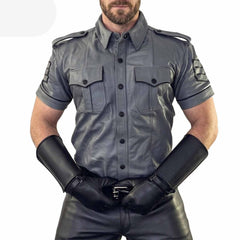 Men’s Gray Real Leather Police Uniform Leather Short Sleeve Shirt With Black Piping