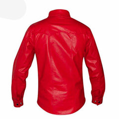Men's Red Genuine Leather Shirt Police Uniform Style Long Sleeves Shirt