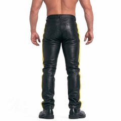 Mens Black Cowhide Leather Jeans Style Pants BLUF Breeches Yellow Striped Trousers