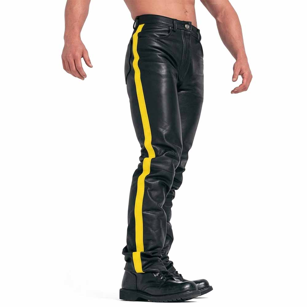 Mens Black Cowhide Leather Jeans Style Pants BLUF Breeches Yellow Striped Trousers
