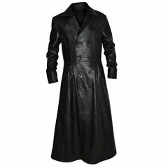 Front view of a men's black full-length cowhide leather trench coat with double-breasted buttons closed.