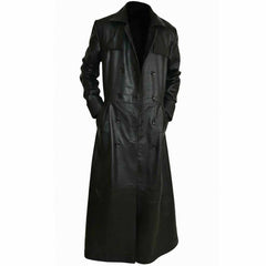 Front view of a men's long black real leather deserter coat shown open with hands in the side pockets.