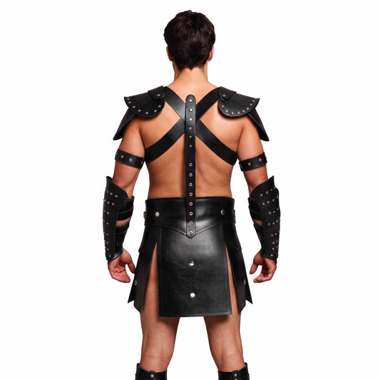 Mens Black Leather Gladiator Costume Historical Reenactment Armor Kilt Set Roman Warrior LARP