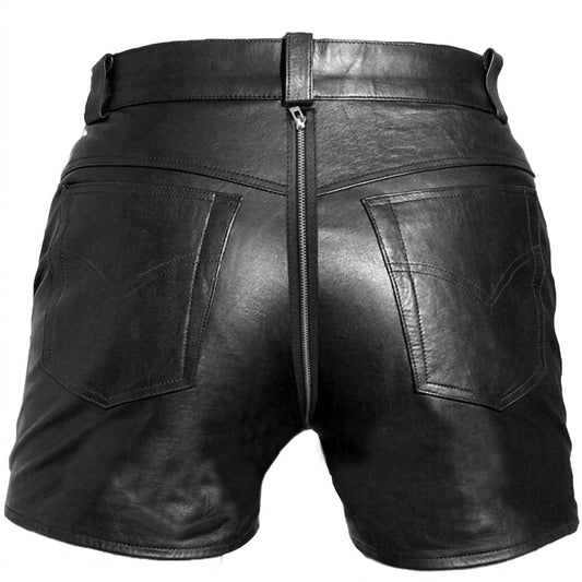Black leather shorts with a zippered back and stitched pocket details, shown from the rear on a white background.