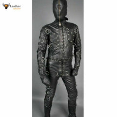 Mens Bondage jump suit cell suit Black Cow Leather Heavy Duty Restriction Catsuit BDSM
