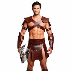Mens Brown Leather Gladiator Costume Historical Reenactment Armor Kilt Set Roman Warrior LARP
