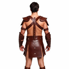 Mens Brown Leather Gladiator Costume Historical Reenactment Armor Kilt Set Roman Warrior LARP
