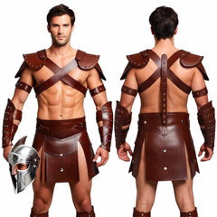 Mens Brown Leather Gladiator Costume Historical Reenactment Armor Kilt Set Roman Warrior LARP