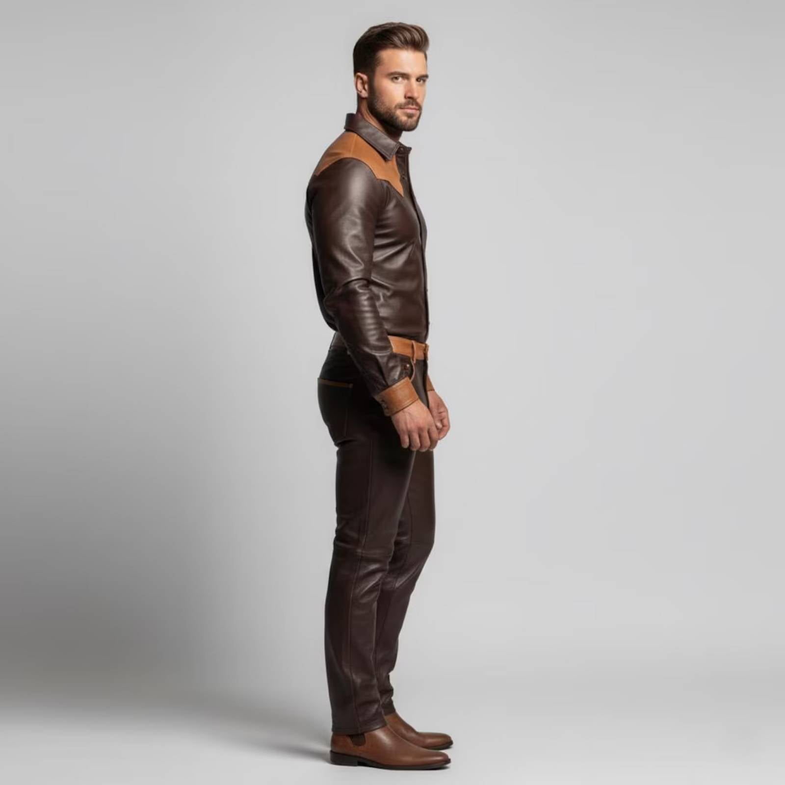 Side profile view highlighting the slim-straight cut and shoulder yolk detailing of the men's custom brown leather two-piece outfit