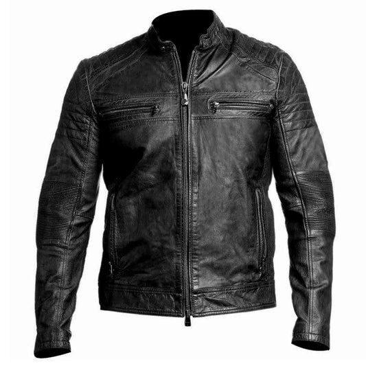 Chaqueta de cuero real negra envejecida para motocicleta vintage para hombre Cafe Racer Biker