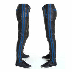 Mens Cowhide Leather Pants Cropped Biker Pants Blue Stripe Leather Pants Chino Trousers