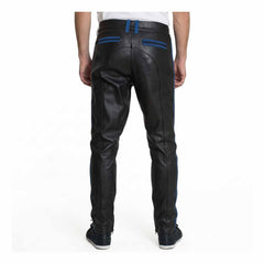 Mens Cowhide Leather Pants Cropped Biker Pants Blue Stripe Leather Pants Chino Trousers