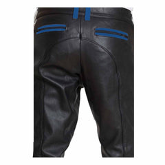 Mens Cowhide Leather Pants Cropped Biker Pants Blue Stripe Leather Pants Chino Trousers