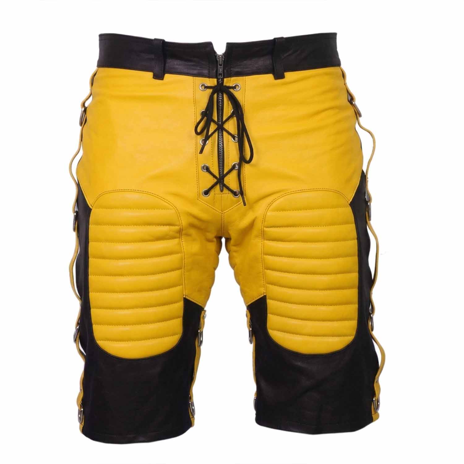 Front view of men's black cowhide leather bondage shorts featuring yellow padded thigh panels, yellow lace-up zip fly, and side D-ring straps.