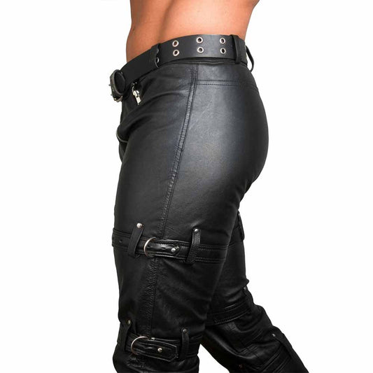 Mens Genuine Leather Skinny Chastity Pants Bondage Jeans With Rear Zip