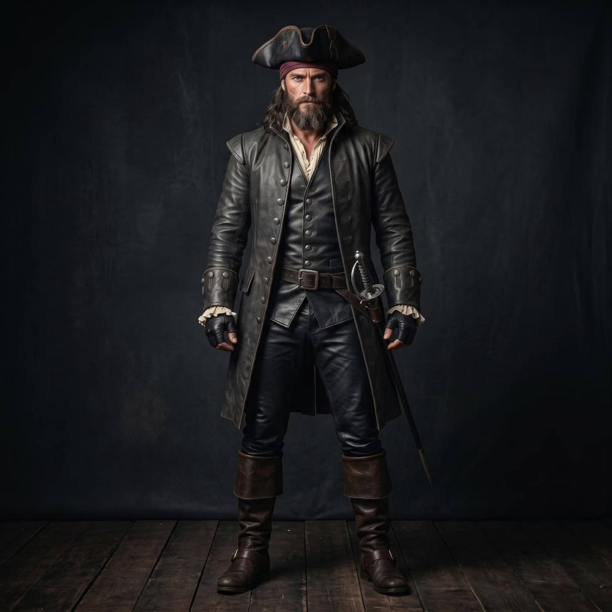 Full length front view of bearded pirate captain wearing handmade black leather frock coat vest and pants set on dark background