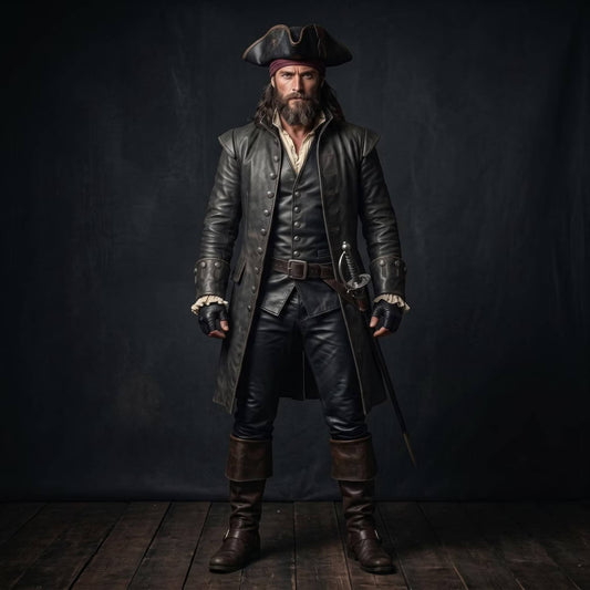 Full length front view of bearded pirate captain wearing handmade black leather frock coat vest and pants set on dark background