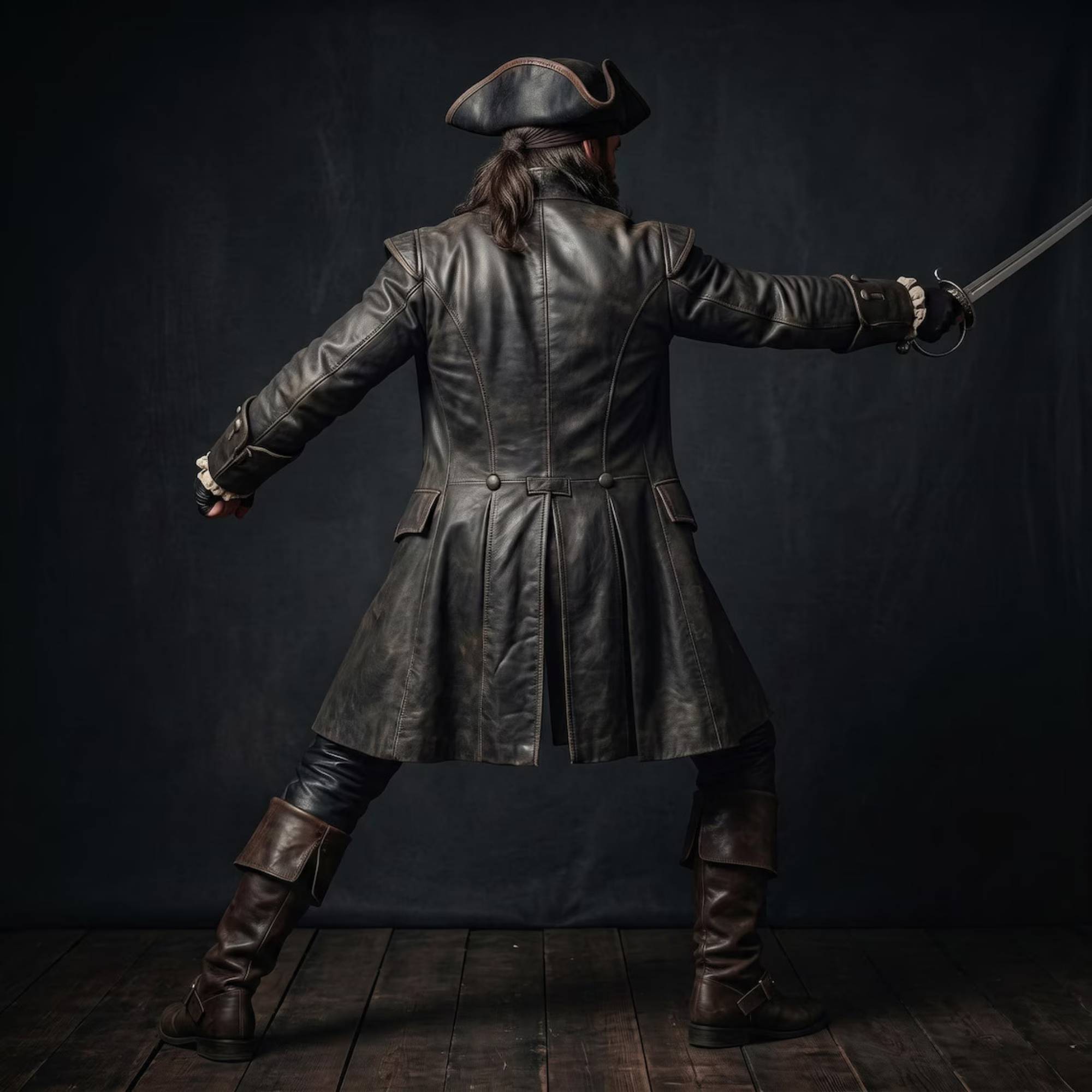 Rear full body view of pirate captain holding cutlass sword showing flared pleats and center split vent of black leather duster coat