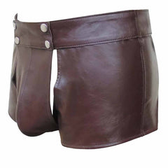 Mens Real Brown Leather Short With Detachable Front Pouch Codpiece Front opening Gay Shorts
