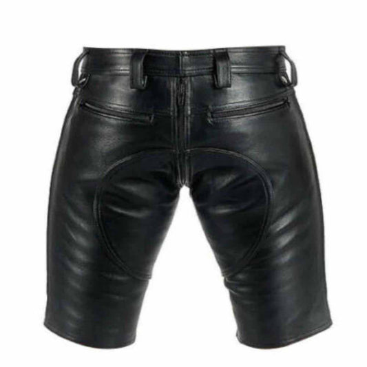 Rear view of men's genuine black leather shorts showing the full two-way zipper extension, back patch detail, and dual zippered back pockets.