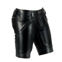 Side three-quarter view of men's fitted black cowhide leather clubwear shorts highlighting the smooth finish, belt loops, and front zipper construction.