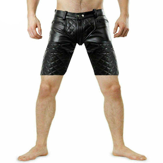 Black quilted real leather shorts worn by a model, shown from the waist down on a plain white background.