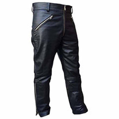 Three-quarter front view showing the top-grain black leather texture, waist fly zipper, and lower leg ankle zip detail.