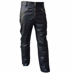 Front view of men's black cowhide leather motorcycle trousers featuring angled zipper pockets, padded knees, and a center fly zipper.