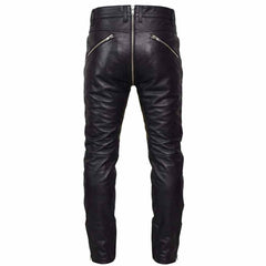 Back view of men's black leather biker pants showing the continuous silver zipper extending up the rear crotch seam and zipper pockets.