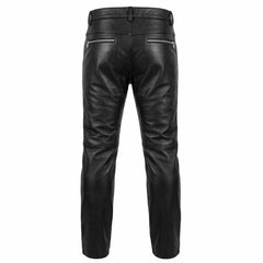 Back view of men's black leather biker jeans displaying dual silver zipper rear pockets and double-stitched back seams.