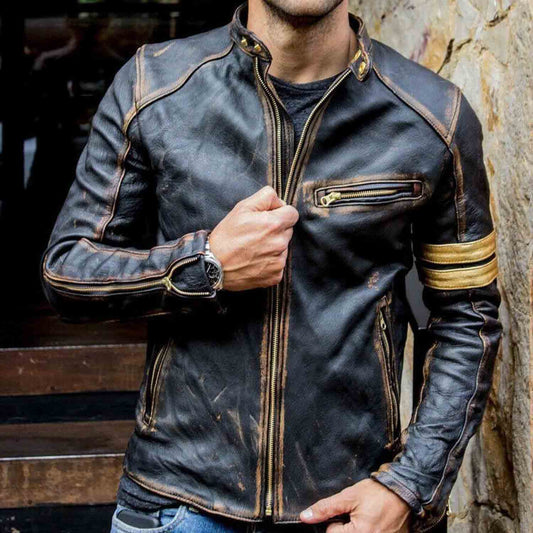Chaqueta de cuero auténtico para hombre, estilo motociclista, estilo vintage, color negro envejecido