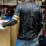 Chaqueta de cuero auténtico para hombre, estilo motociclista, estilo vintage, color negro envejecido
