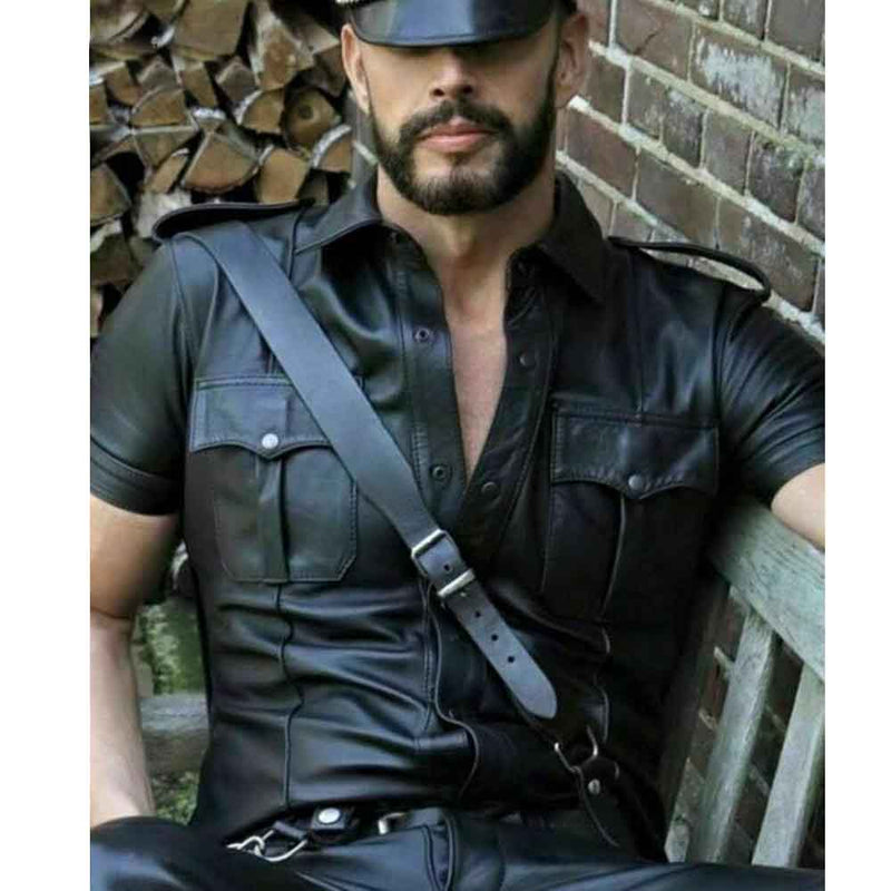 Camisa de estilo militar de policía negra de cuero Real para hombre, camisa BLUF Gay, todas las tallas disponibles