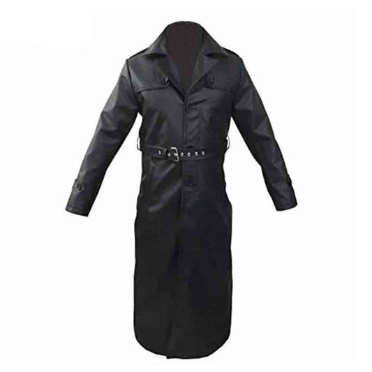 Gabardina gótica de matriz larga de cuero negro auténtico para hombre, Sexy, T17