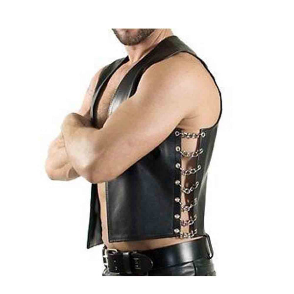 Mens Superb Quality Cows Leather Side Chain Biker Style Waistcoat Vest