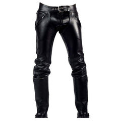 Black cowhide leather biker pants with a matching belt, shown on a white background.