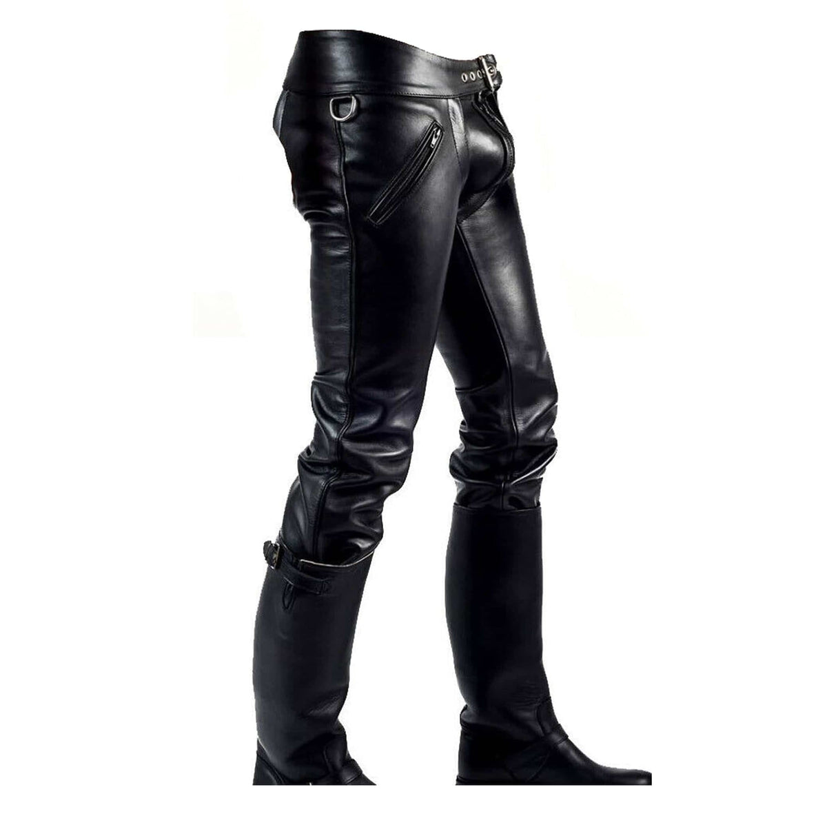 Black leather biker pants with zippered pockets and knee patches, shown on a white background with matching black leather boots.