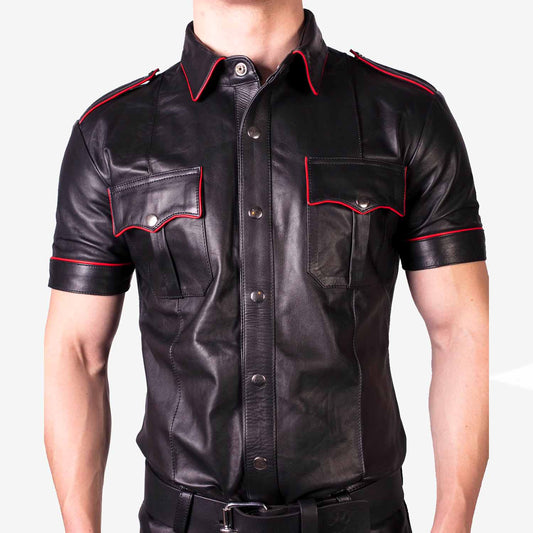 Camisa de motociclista negra con ribetes rojos estilo policía de cuero de cordero real para hombre