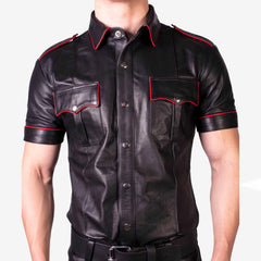 Camisa de motociclista negra con ribetes rojos estilo policía de cuero de cordero real para hombre