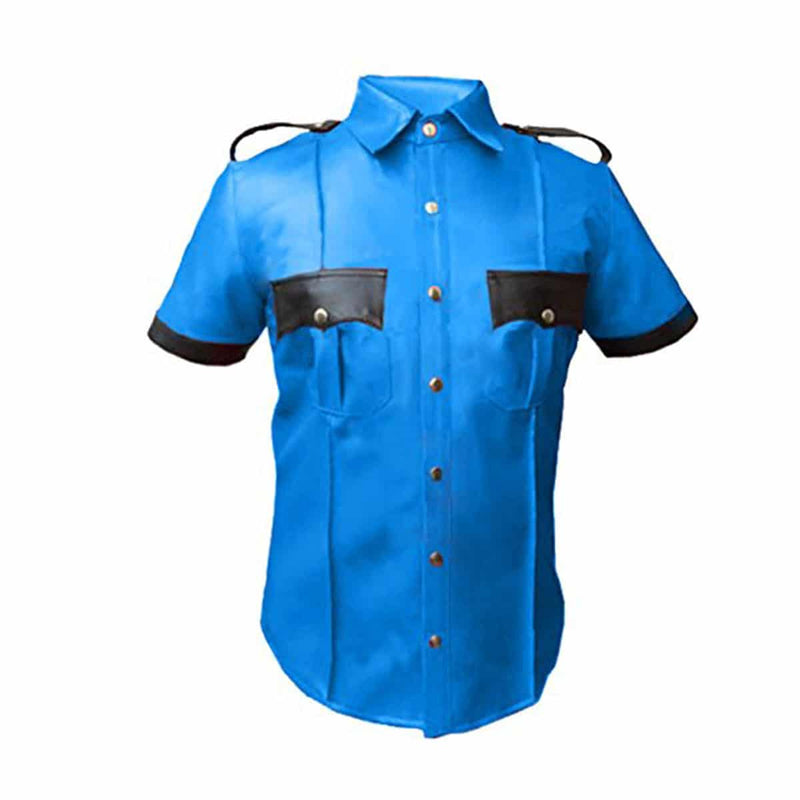 Camisa de policía de cuero auténtico para hombre Cuir Bluf Lederhemd Blue Lederharren Bikers