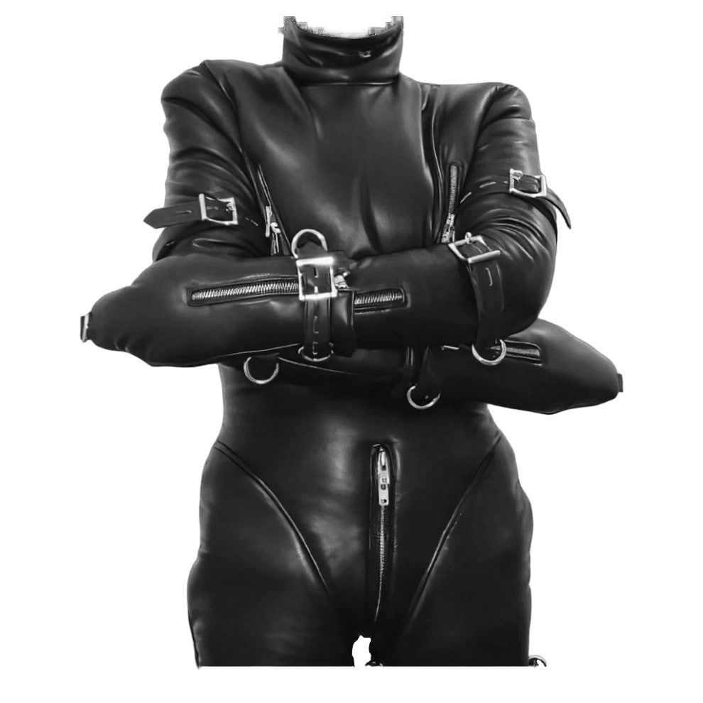 Black leather full-body suit with zippers on a white background