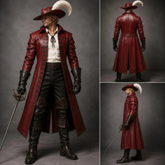 Three panel studio shot featuring front back and side views of male model wearing handmade red leather pirate costume with sword