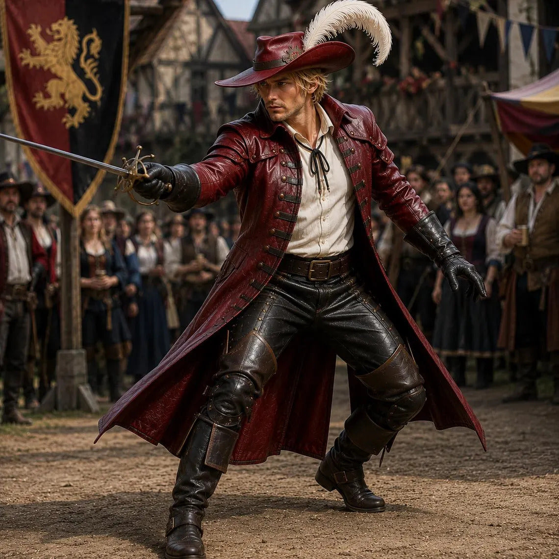Male actor wearing full crimson leather pirate captain costume and plumed hat in fencing stance with rapier at outdoor medieval village