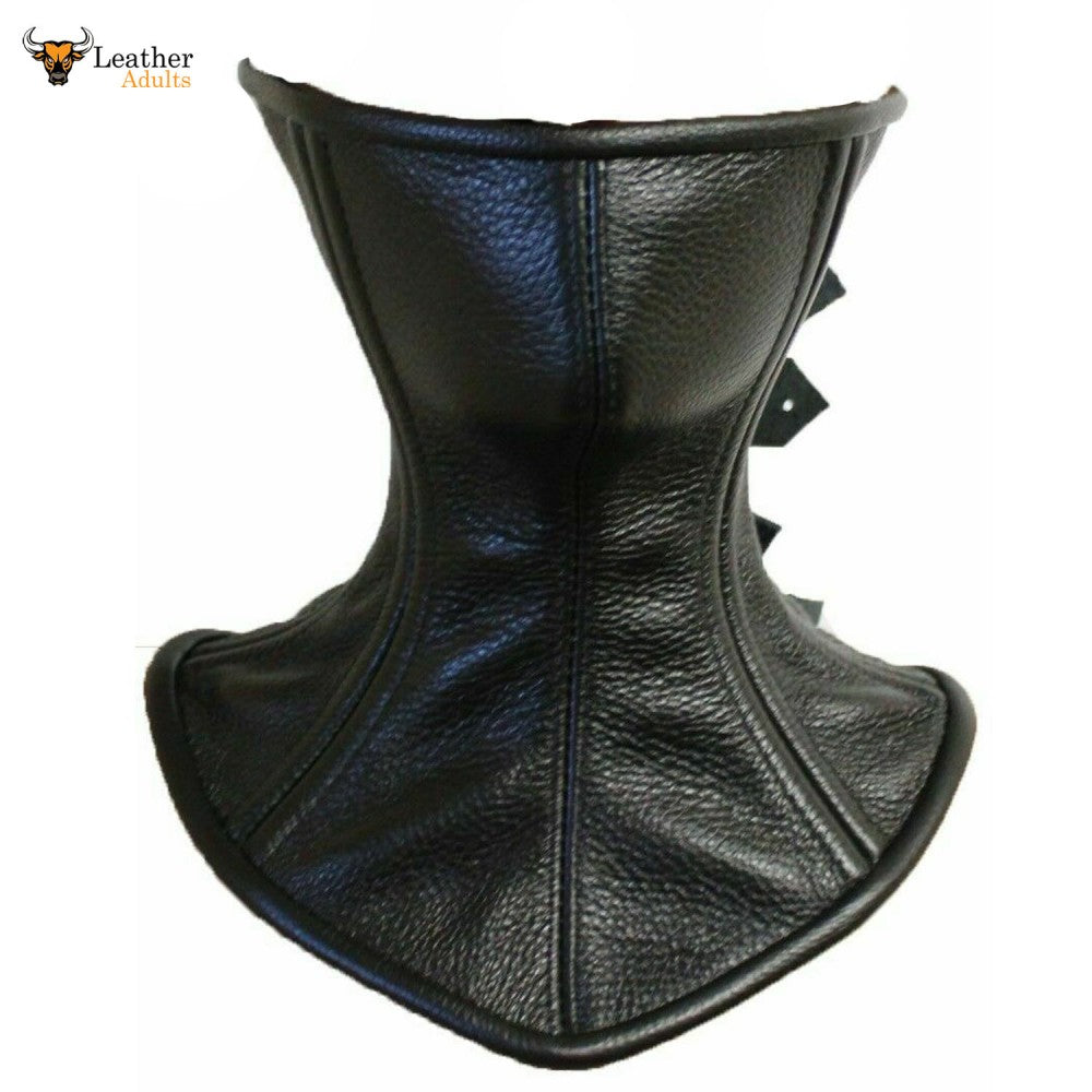 Black real leather over mouth neck corset posture collar with visible stitching and roller buckles.