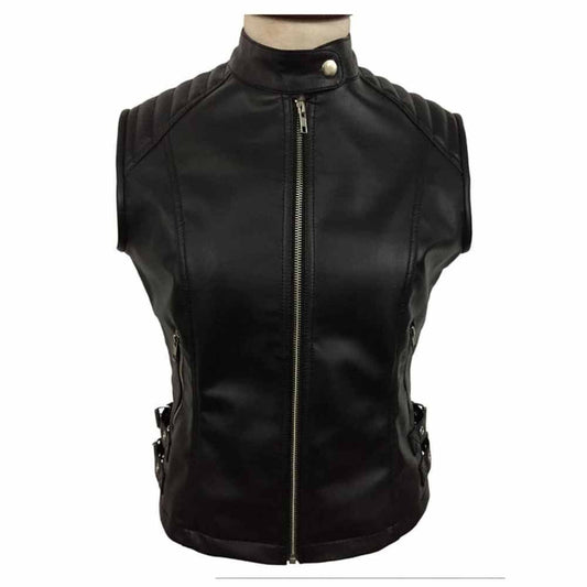 Sexy Women's Ladies Real BLACK SHEEP LAMB Leather Bikers Waistcoat Vest