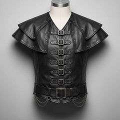 Front angle of a men's handmade black leather gothic steampunk armor vest with tiered studded shoulder mantle, six buckle front closures, and lower belt chains.