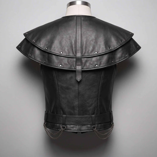 Rear view of a tailored black leather gothic warrior jerkin showing the layered riveted back capelet, vertical harness strap, and hanging side chains.