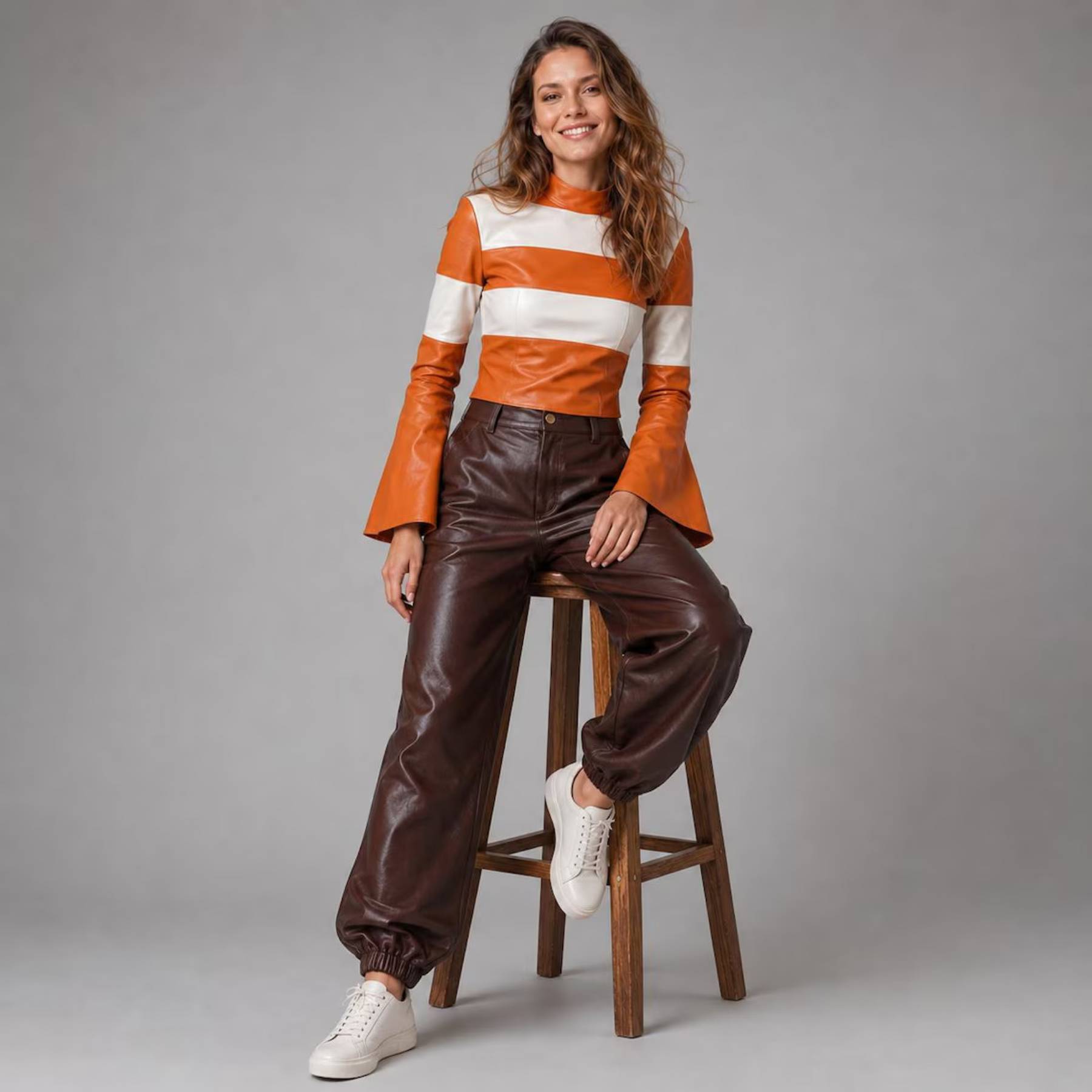 Woman seated on a high wooden stool showcasing the gathered leather folds and tailored waist construction of the brown leather joggers and striped top
