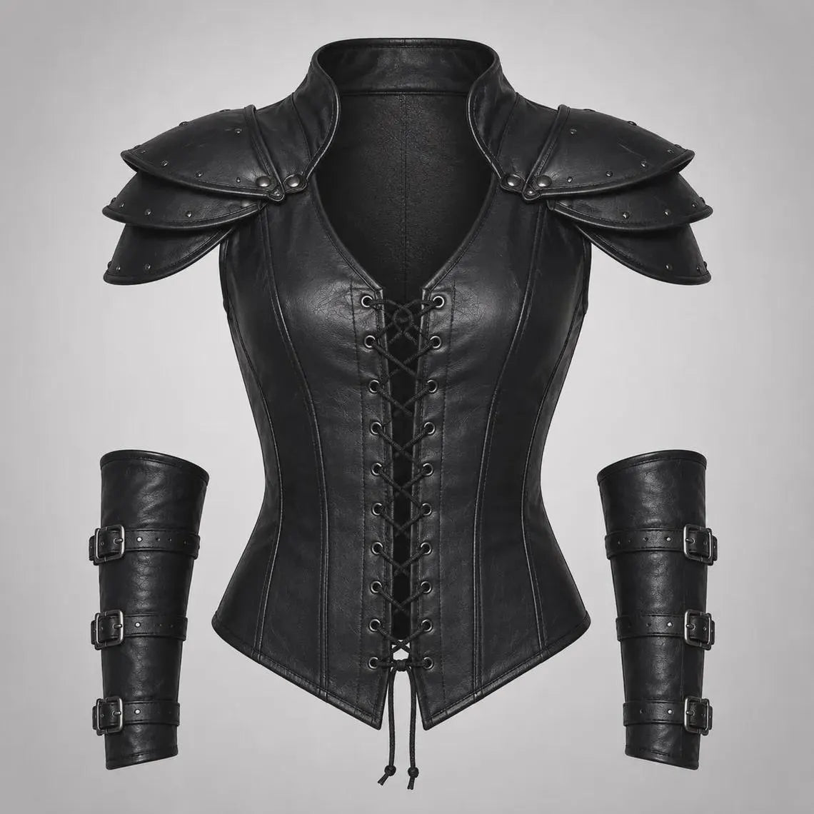 Front view of a women's black genuine leather armor corset featuring tiered studded shoulder pauldrons, lace-up front, and two matching triple-buckle forearm bracers.